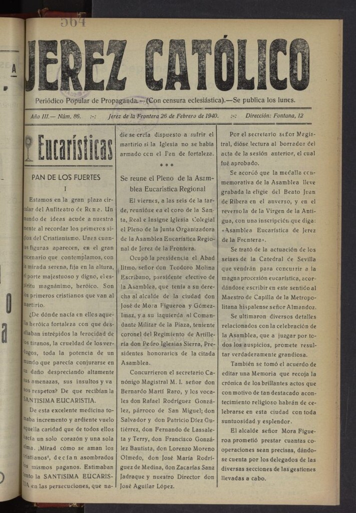 Miniatura de Jerez católico : periódico popular de propaganda del 26 de febrero de 1940, nº 86