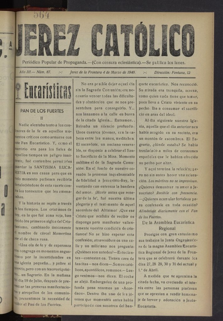 Miniatura de Jerez católico : periódico popular de propaganda del 4 de marzo de 1940, nº 87