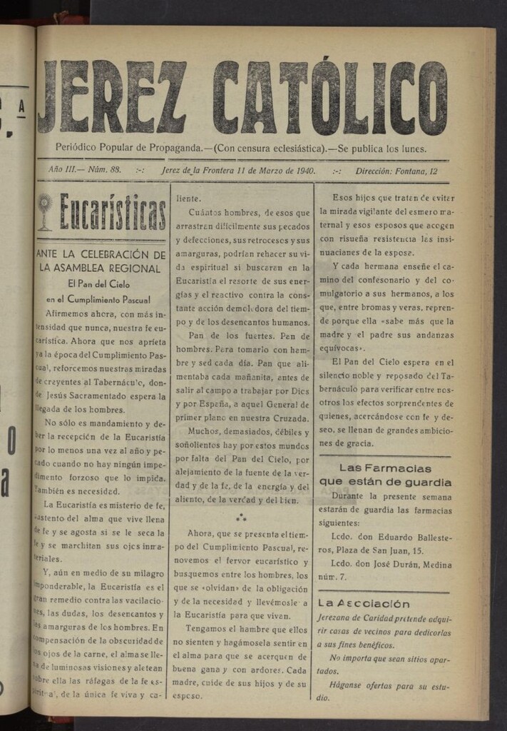 Miniatura de Jerez católico : periódico popular de propaganda del 11 de marzo de 1940, nº 88