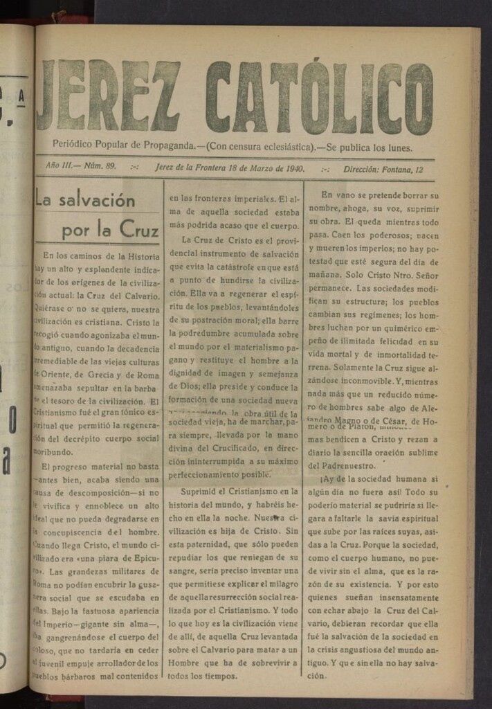 Miniatura de Jerez católico : periódico popular de propaganda del 18 de marzo de 1940, nº 89