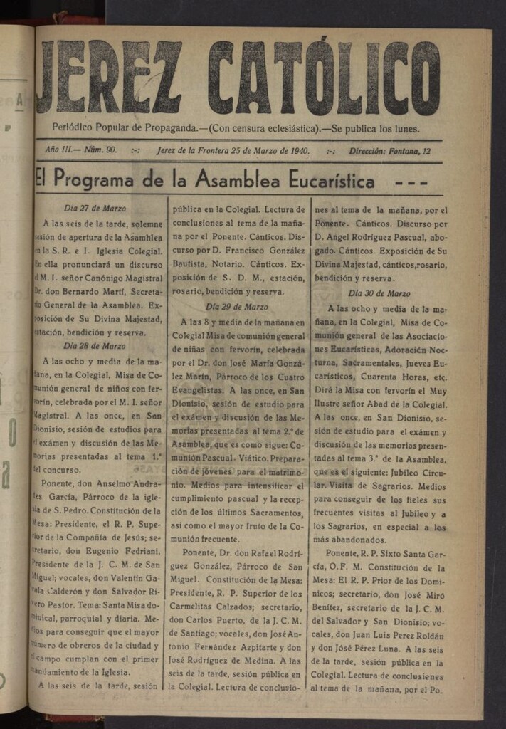 Miniatura de Jerez católico : periódico popular de propaganda del 25 de marzo de 1940, nº 90
