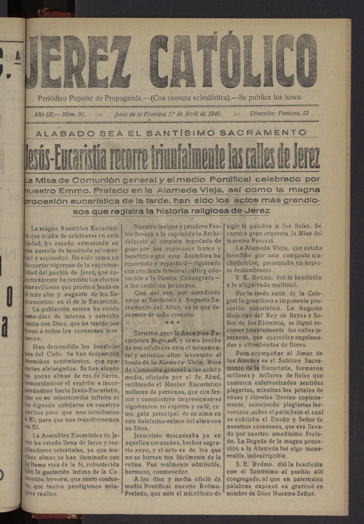 Miniatura de Jerez católico : periódico popular de propaganda del 1 de abril de 1940, nº 91