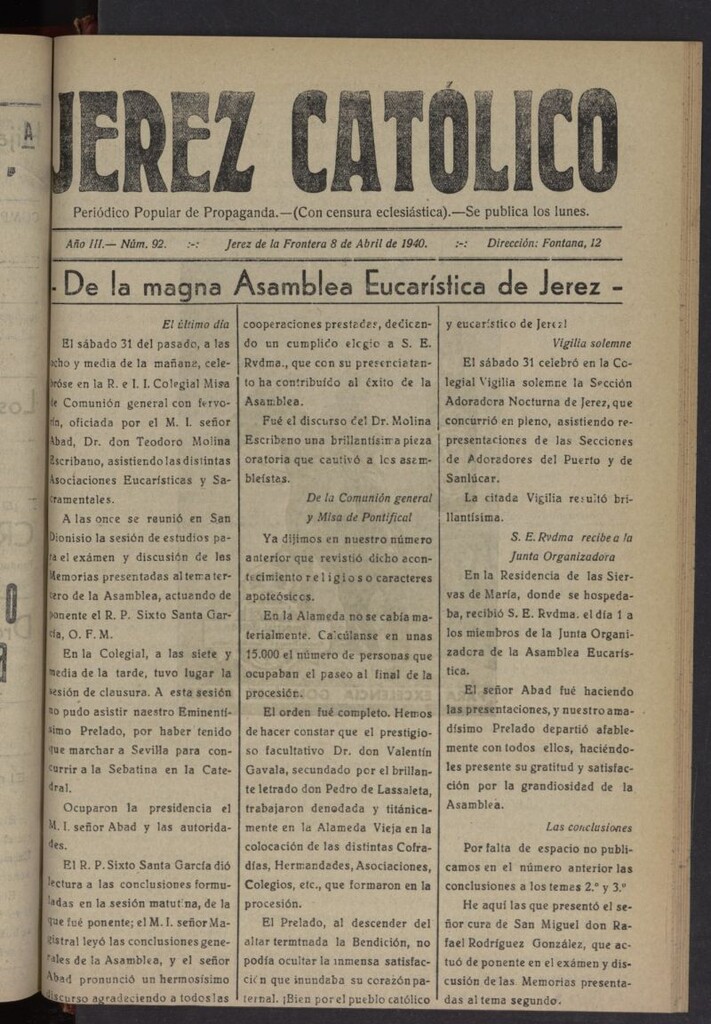 Miniatura de Jerez católico : periódico popular de propaganda del 8 de abril de 1940, nº 92