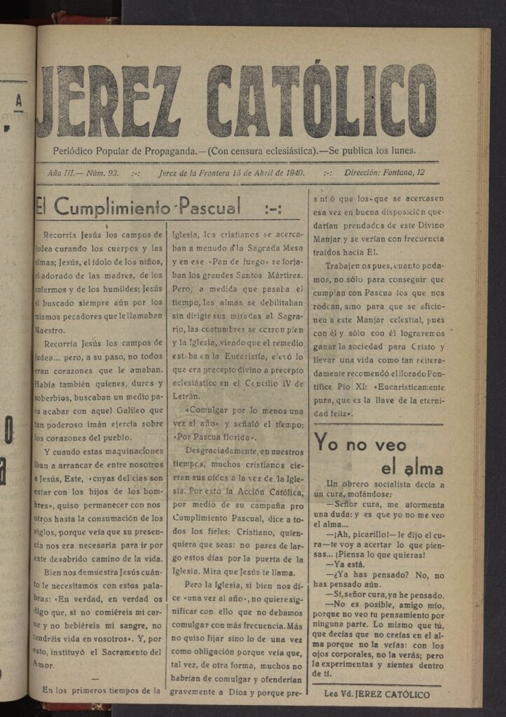 Miniatura de Jerez católico : periódico popular de propaganda del 15 de abril de 1940, nº 93