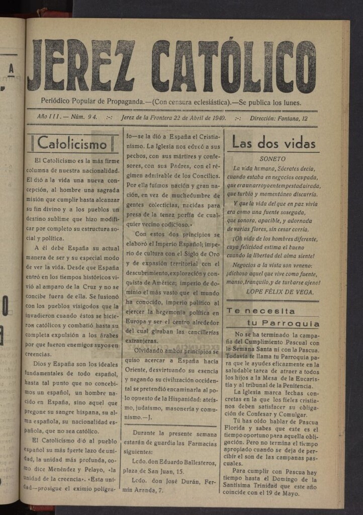 Miniatura de Jerez católico : periódico popular de propaganda del 22 de abril de 1940, nº 94