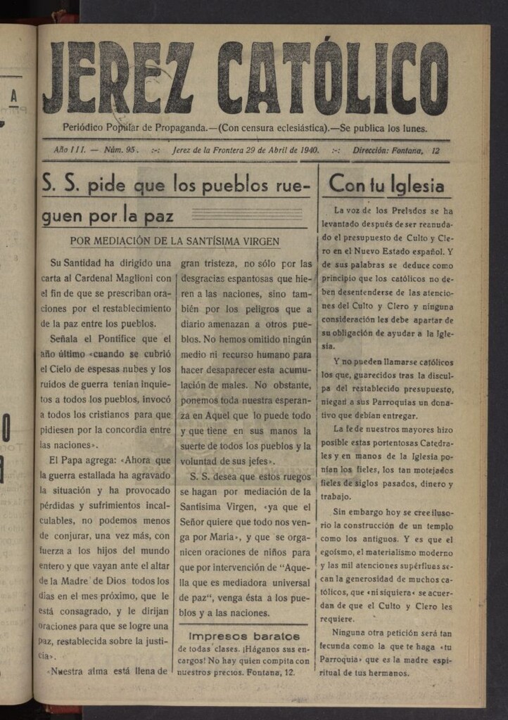 Miniatura de Jerez católico : periódico popular de propaganda del 29 de abril de 1940, nº 95