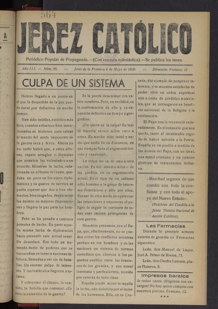 Miniatura de Jerez católico : periódico popular de propaganda del 6 de mayo de 1940, nº 96