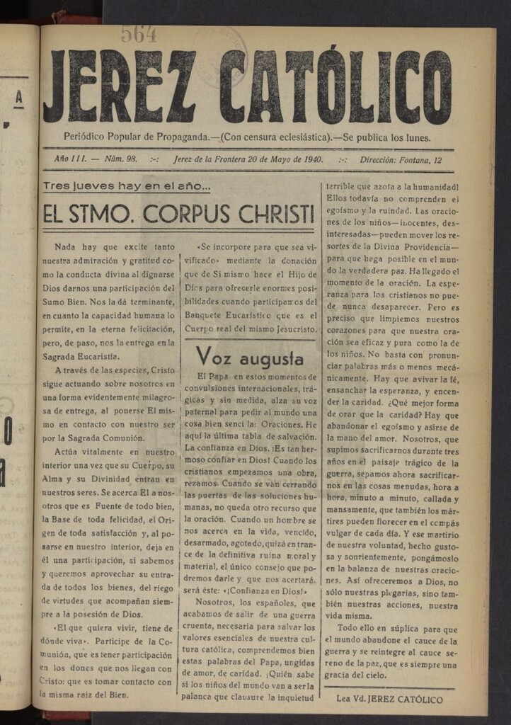 Miniatura de Jerez católico : periódico popular de propaganda del 20 de mayo de 1940, nº 98
