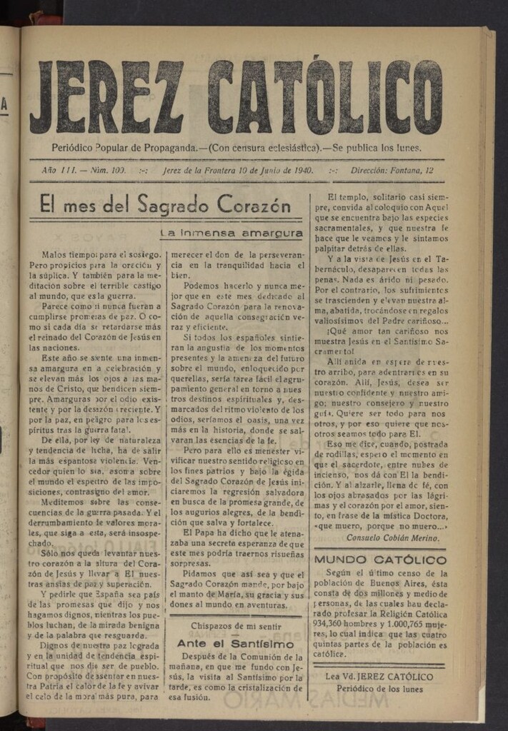 Miniatura de Jerez católico : periódico popular de propaganda del 10 de junio de 1940, nº 100