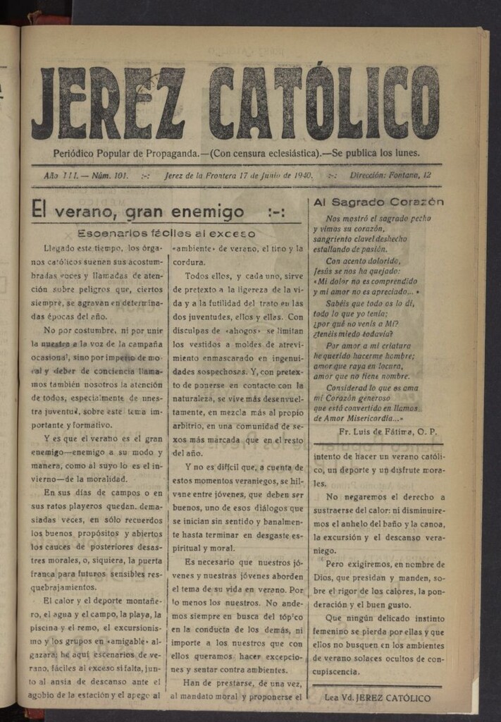 Miniatura de Jerez católico : periódico popular de propaganda del 17 de junio de 1940, nº 101