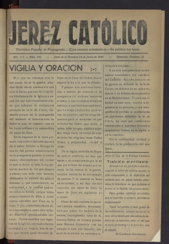 Miniatura de Jerez católico : periódico popular de propaganda del 24 de junio de 1940, nº 102