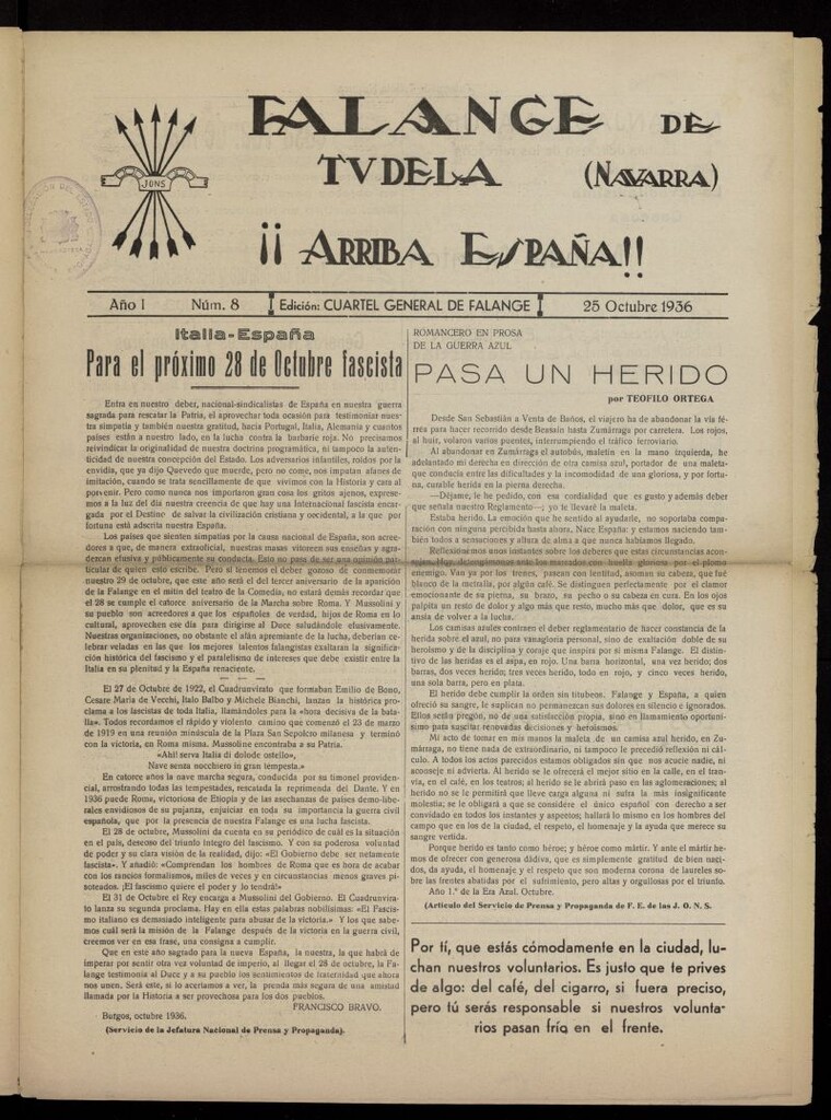 Miniatura de Falange de Tudela del 25 de octubre de 1936, nº 8