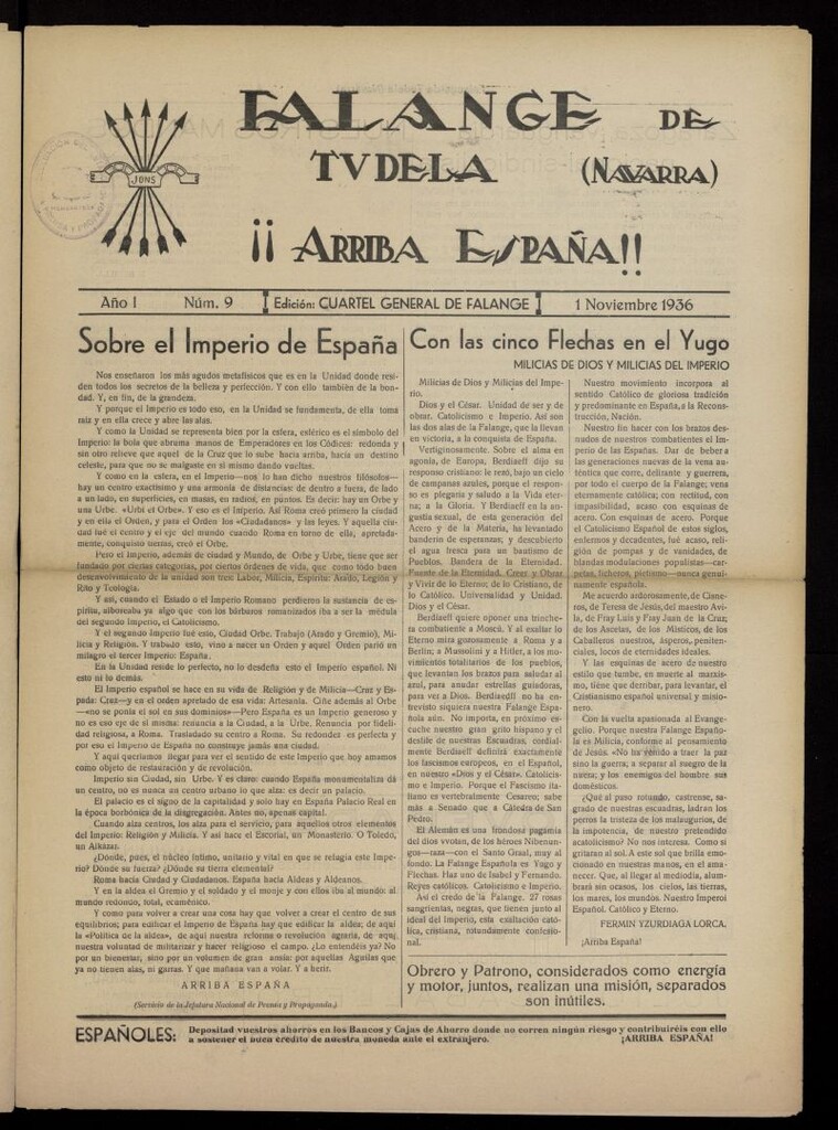 Miniatura de Falange de Tudela del 1 de noviembre de 1936, nº 9