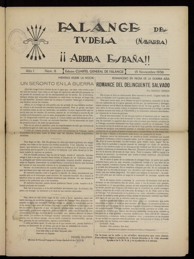 Miniatura de Falange de Tudela del 15 de noviembre de 1936, nº 11
