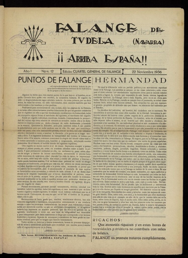Miniatura de Falange de Tudela del 22 de noviembre de 1936, nº 12