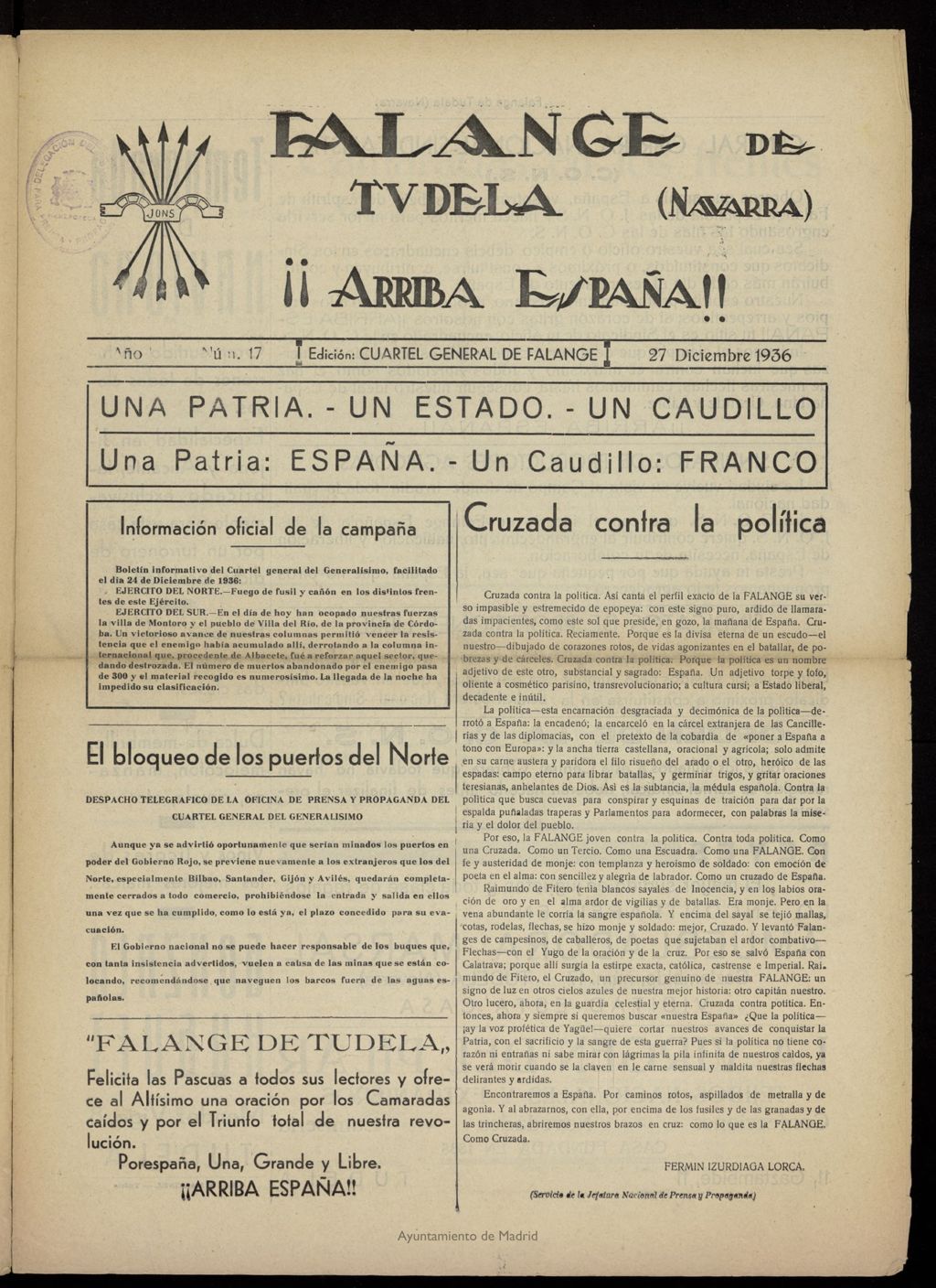 Miniatura de Falange de Tudela del 27 de diciembre de 1936, nº 17