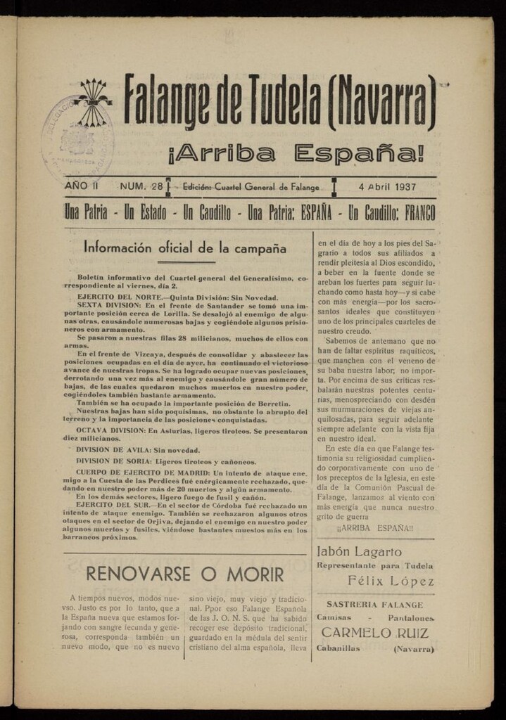 Miniatura de Falange de Tudela del 4 de abril de 1937, nº 28