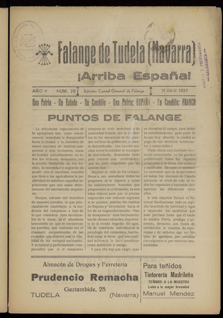 Miniatura de Falange de Tudela del 11 de abril de 1937, nº 29