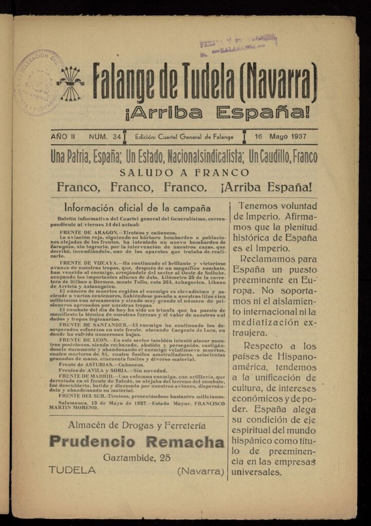 Miniatura de Falange de Tudela del 16 de mayo de 1937, nº 34