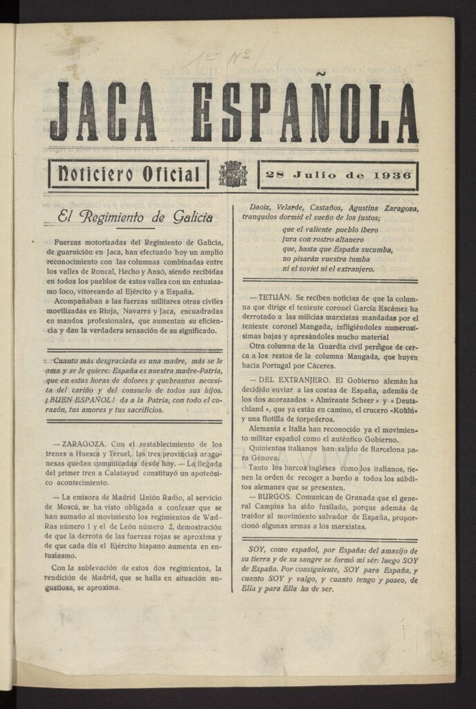 Miniatura de Jaca española : noticiero oficial del 28 de julio de 1936