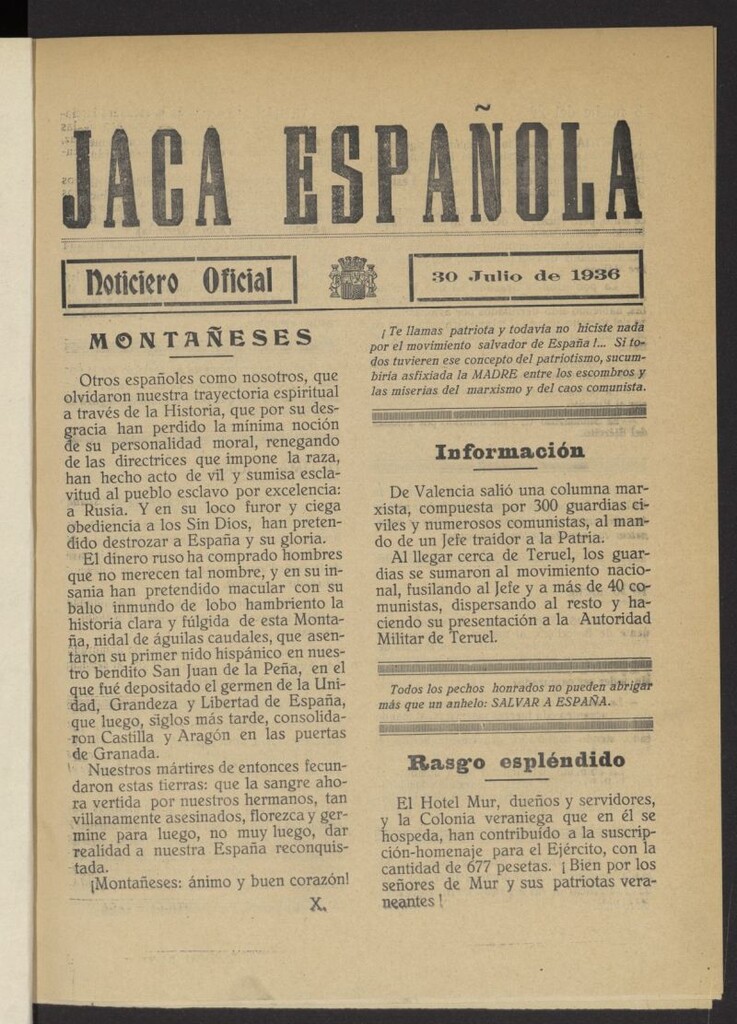 Miniatura de Jaca española : noticiero oficial del 30 de julio de 1936