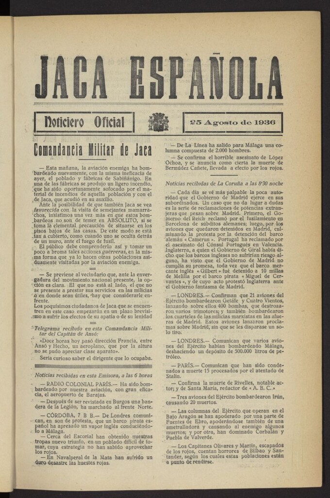 Miniatura de Jaca española : noticiero oficial del 25 de agosto de 1936