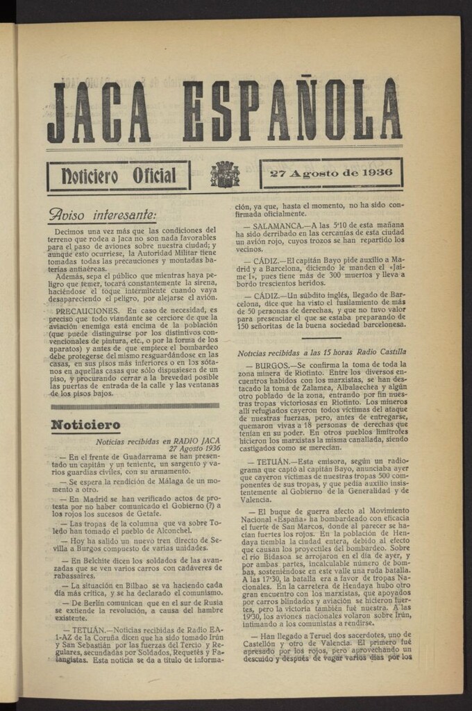 Miniatura de Jaca española : noticiero oficial del 27 de agosto de 1936