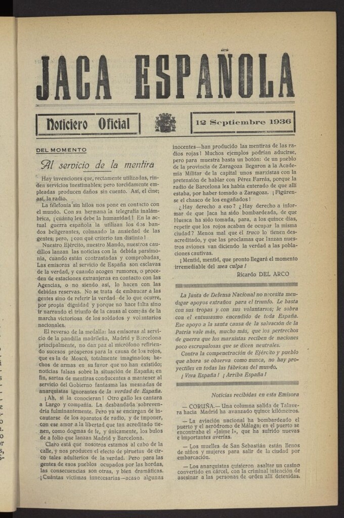 Miniatura de Jaca española : noticiero oficial del 12 de septiembre de 1936