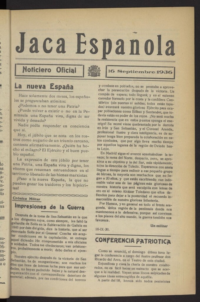 Miniatura de Jaca española : noticiero oficial del 16 de septiembre de 1936