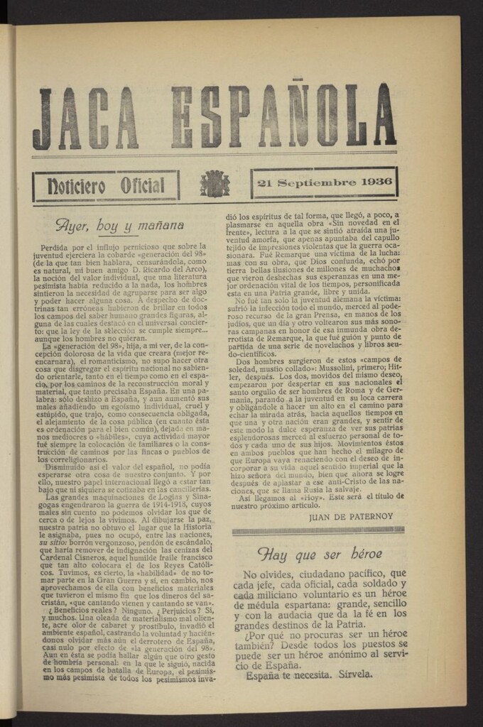 Miniatura de Jaca española : noticiero oficial del 21 de septiembre de 1936