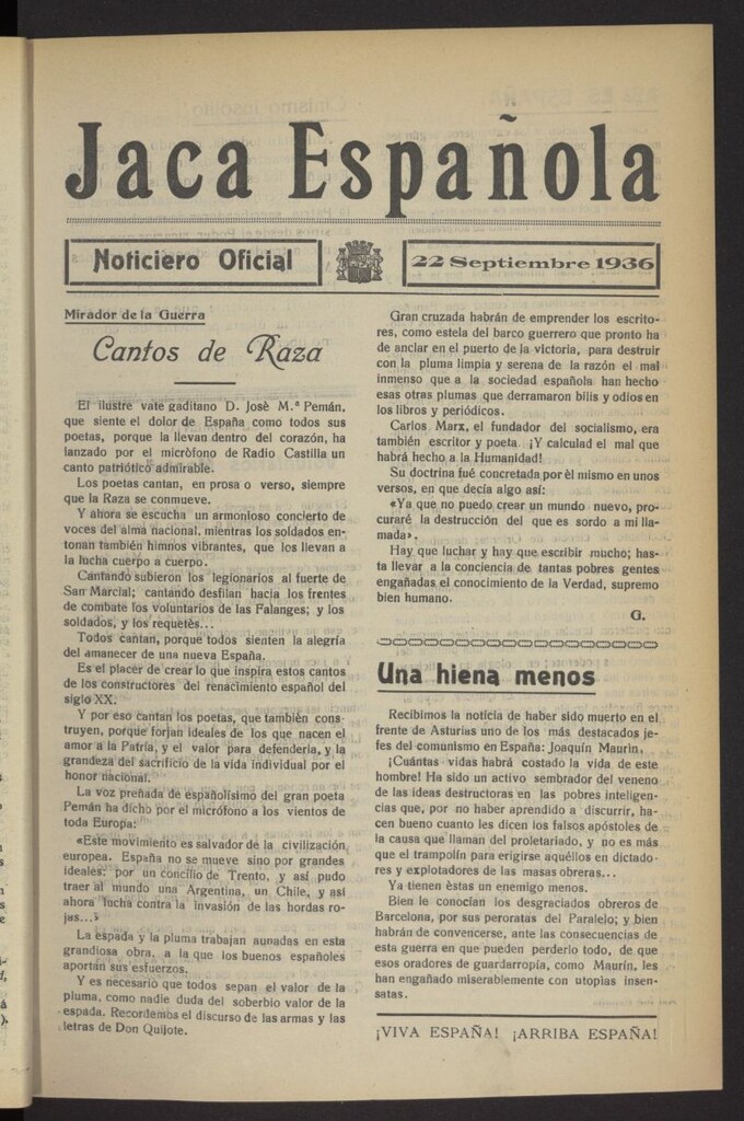 Miniatura de Jaca española : noticiero oficial del 22 de septiembre de 1936
