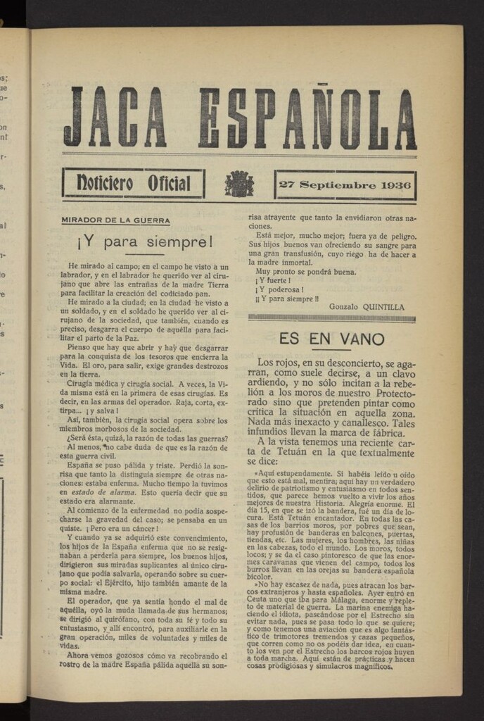 Miniatura de Jaca española : noticiero oficial del 27 de septiembre de 1936
