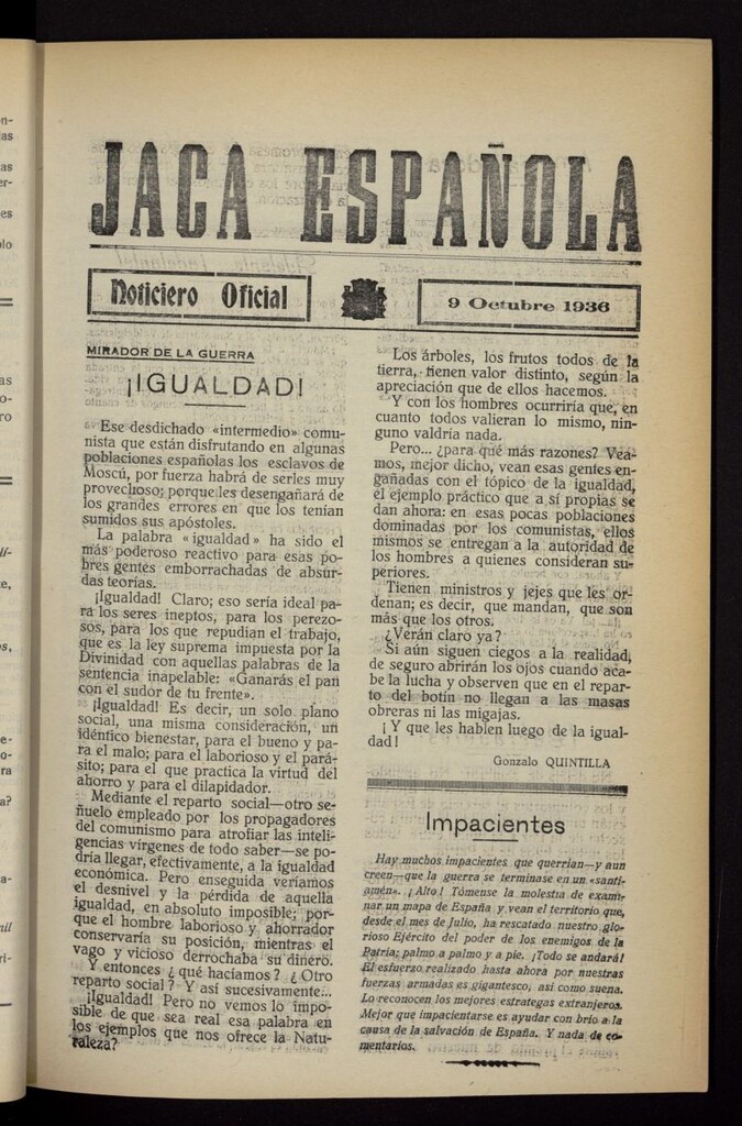 Miniatura de Jaca española : noticiero oficial del 9 de octubre de 1936