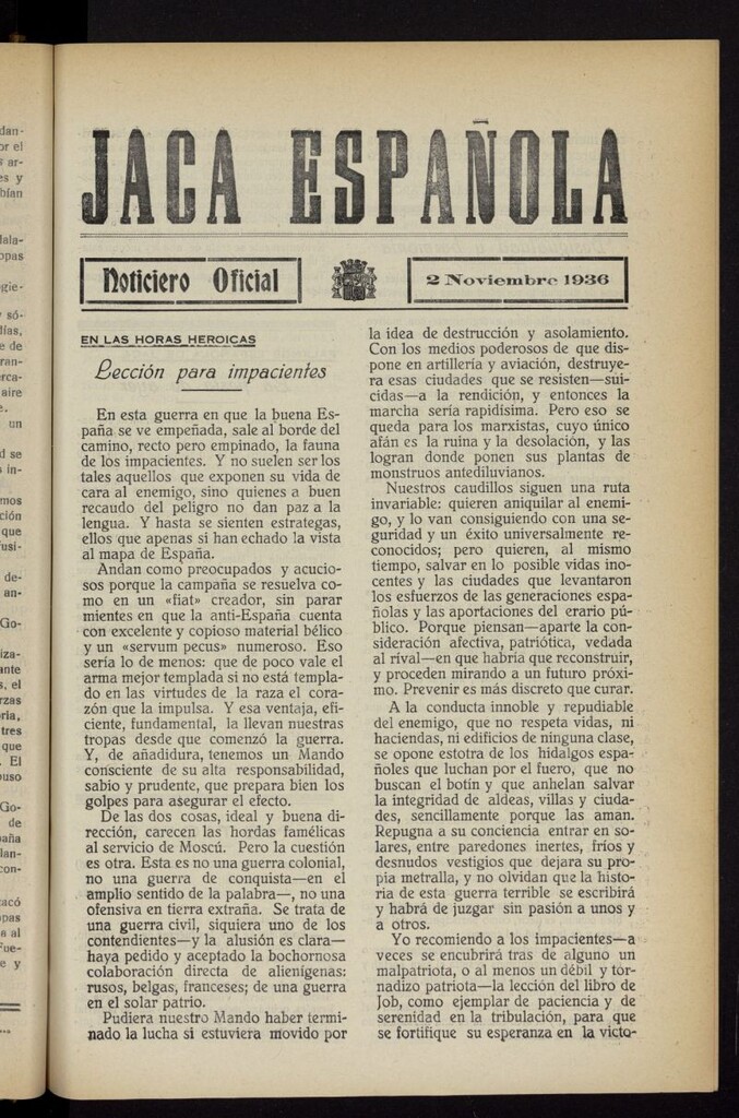 Miniatura de Jaca española : noticiero oficial del 2 de noviembre de 1936