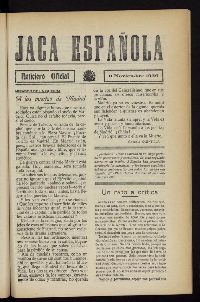 Miniatura de Jaca española : noticiero oficial del 9 de noviembre de 1936