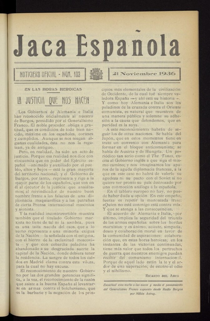 Miniatura de Jaca española : noticiero oficial del 21 de noviembre de 1936, nº 103