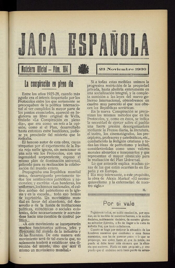 Miniatura de Jaca española : noticiero oficial del 23 de noviembre de 1936, nº 104
