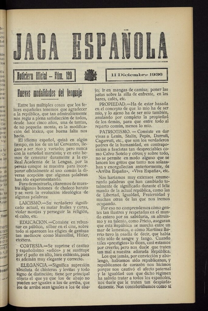 Miniatura de Jaca española : noticiero oficial del 11 de diciembre de 1936, nº 120
