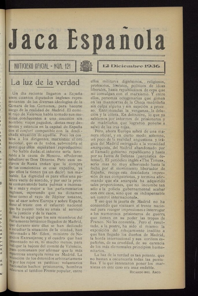 Miniatura de Jaca española : noticiero oficial del 12 de diciembre de 1936, nº 121