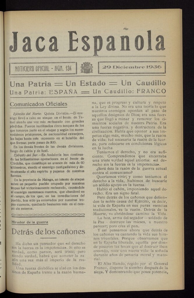 Miniatura de Jaca española : noticiero oficial del 29 de diciembre de 1936, nº 134
