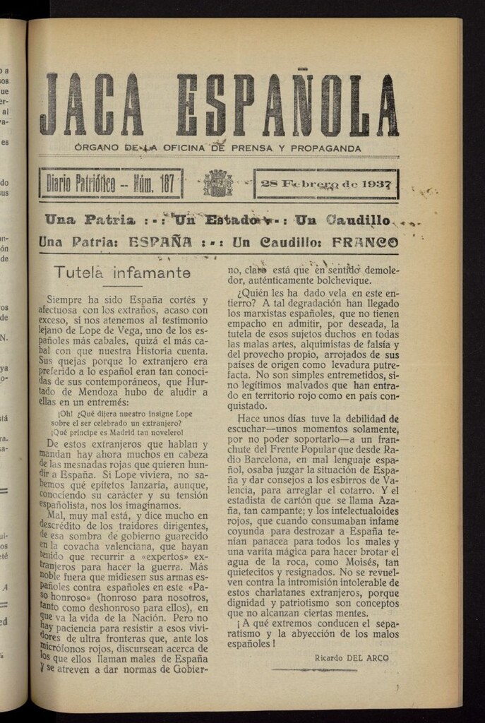 Miniatura de Jaca española : noticiero oficial del 28 de febrero de 1937, nº 187
