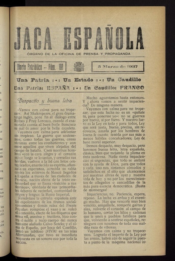 Miniatura de Jaca española : noticiero oficial del 5 de marzo de 1937, nº 191