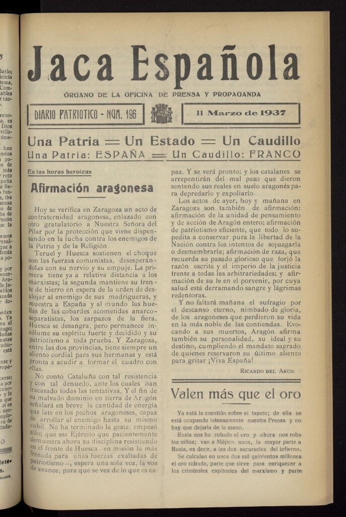 Miniatura de Jaca española : noticiero oficial del 11 de marzo de 1937, nº 196
