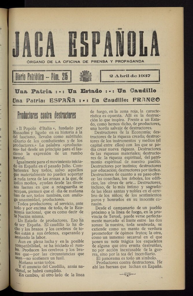 Miniatura de Jaca española : noticiero oficial del 2 de abril de 1937, nº 215