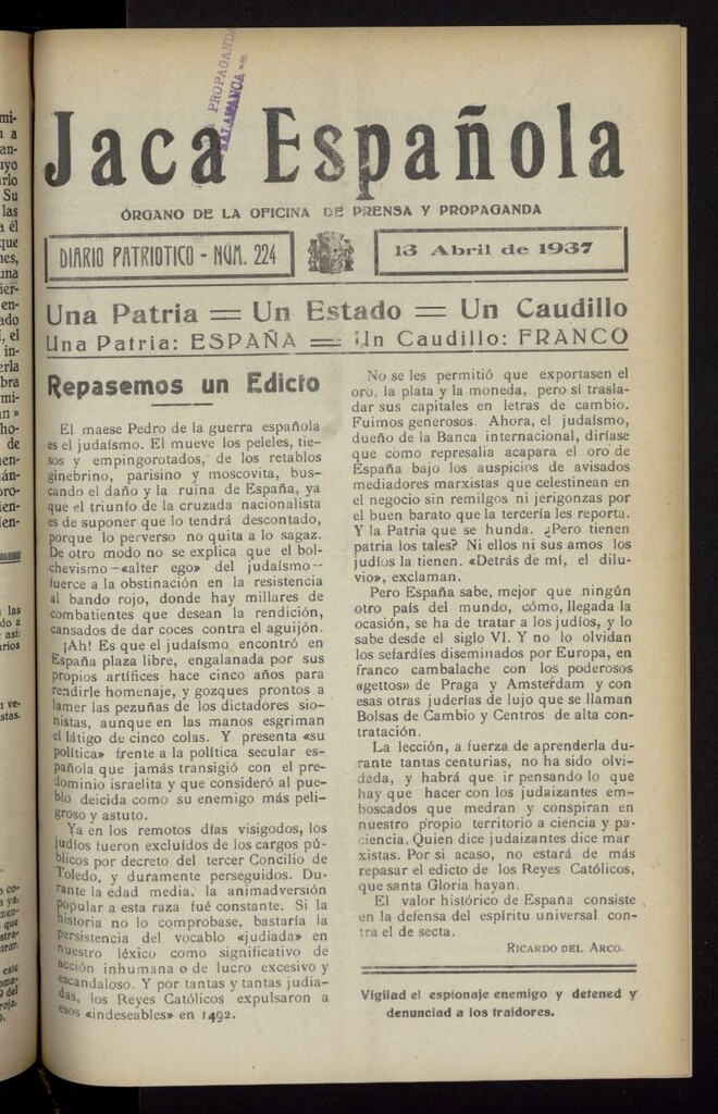 Miniatura de Jaca española : noticiero oficial del 13 de abril de 1937, nº 224