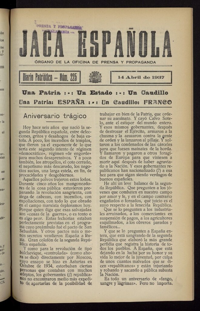 Miniatura de Jaca española : noticiero oficial del 14 de abril de 1937, nº 225