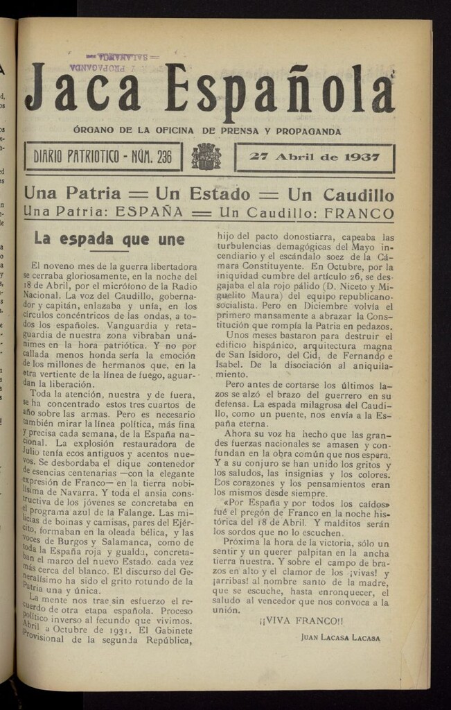 Miniatura de Jaca española : noticiero oficial del 27 de abril de 1937, nº 236