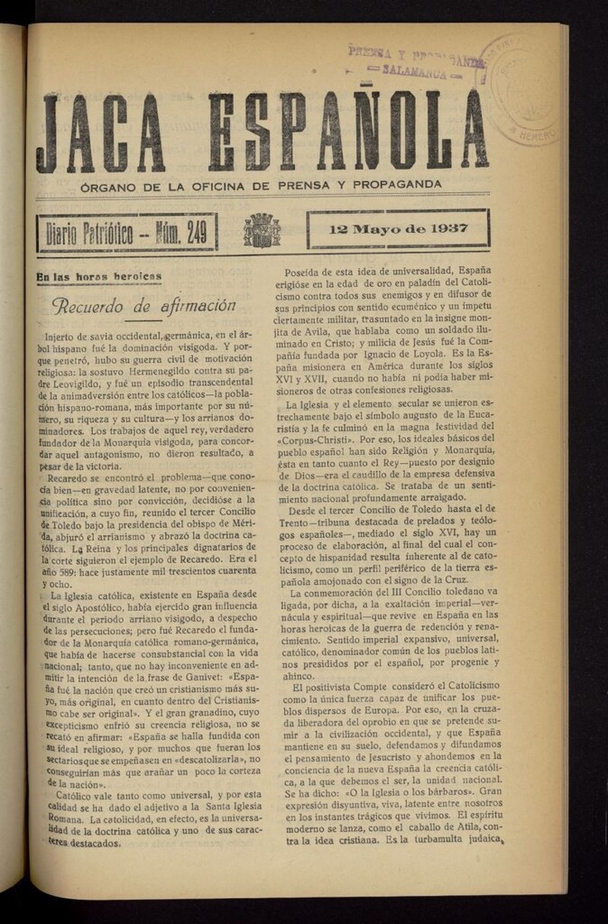 Miniatura de Jaca española : noticiero oficial del 12 de mayo de 1937, nº 249
