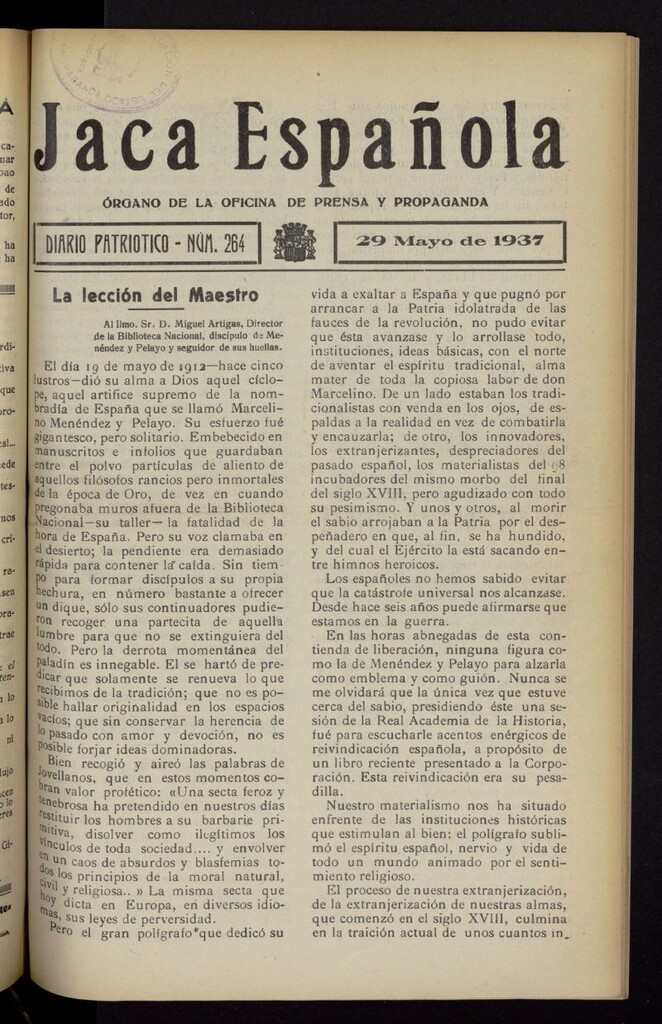 Miniatura de Jaca española : noticiero oficial del 29 de mayo de 1937, nº 264