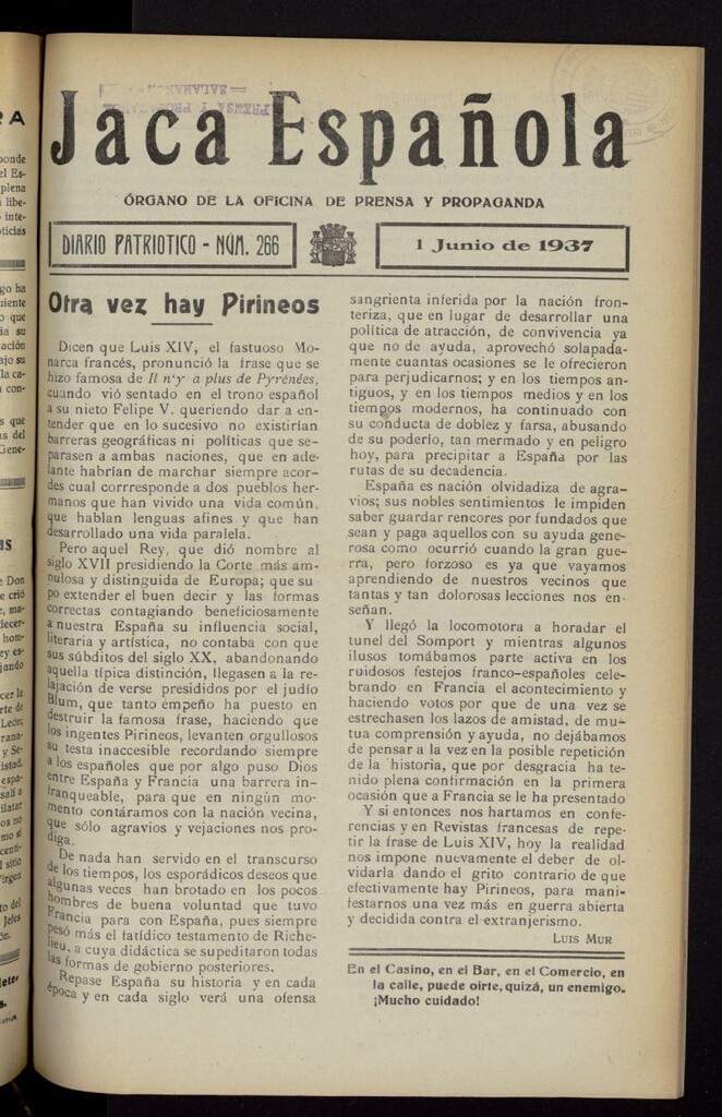 Miniatura de Jaca española : noticiero oficial del 1 de junio de 1937, nº 266